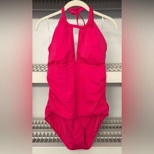 NWT Lauren Ralph Lauren Black Label 1-Piece Halter-Neck Fuchsia Swimsuit‎ Sz 12
